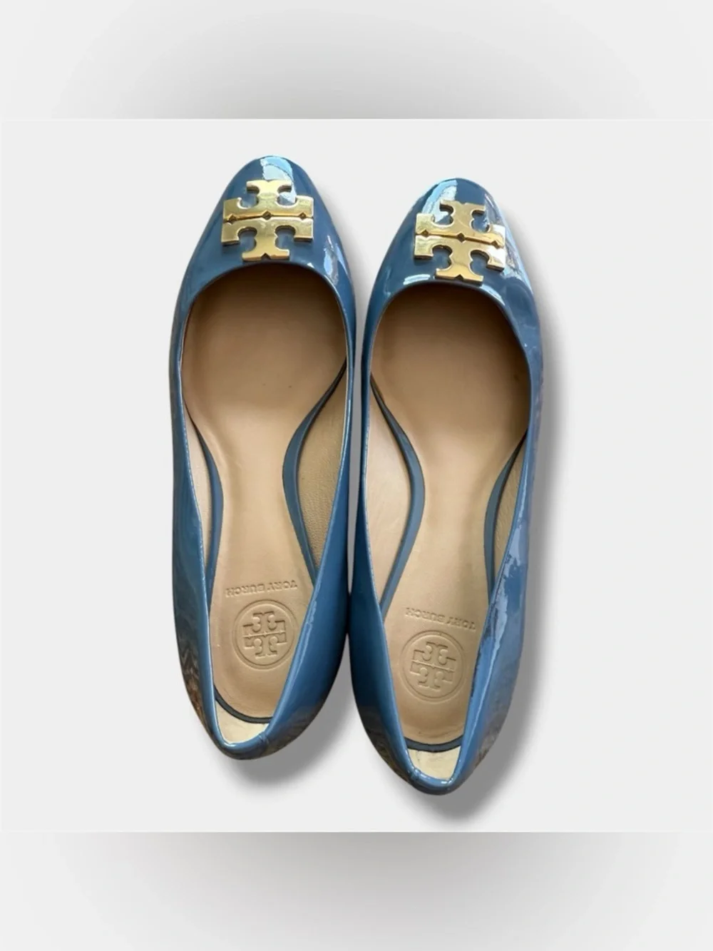 Tory Burch Reva Flats Blue Patent Leather Gold Logo Ballet Shoes Women’s 7M